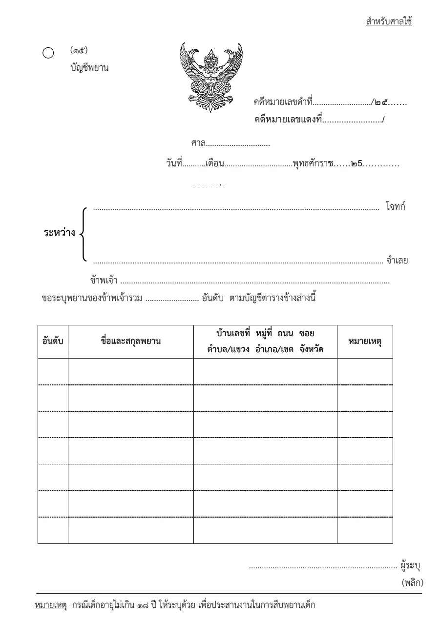 ตัวอย่างหน้าแรกของบัญชีพยาน (คดีแรงงาน)