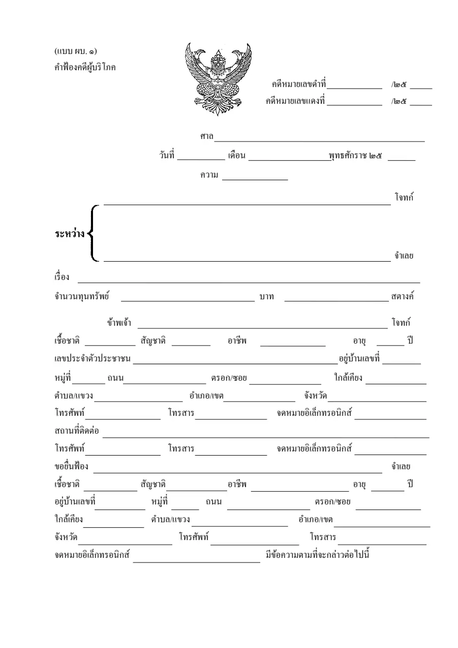 ตัวอย่างหน้าแรกของคำฟ้องคดีผู้บริโภค (แบบ ผบ. ๑)