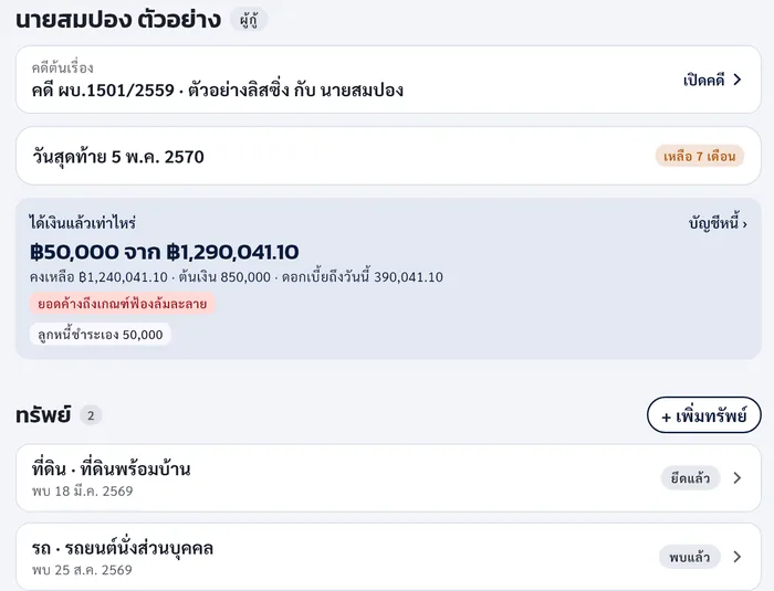 แฟ้มลูกหนี้ บอกวันสุดท้าย เหลือ 7 เดือน ได้เงินแล้ว 50,000 บาทจาก 1,290,041.10 บาท และทรัพย์ที่ดินยึดแล้ว รถพบแล้ว